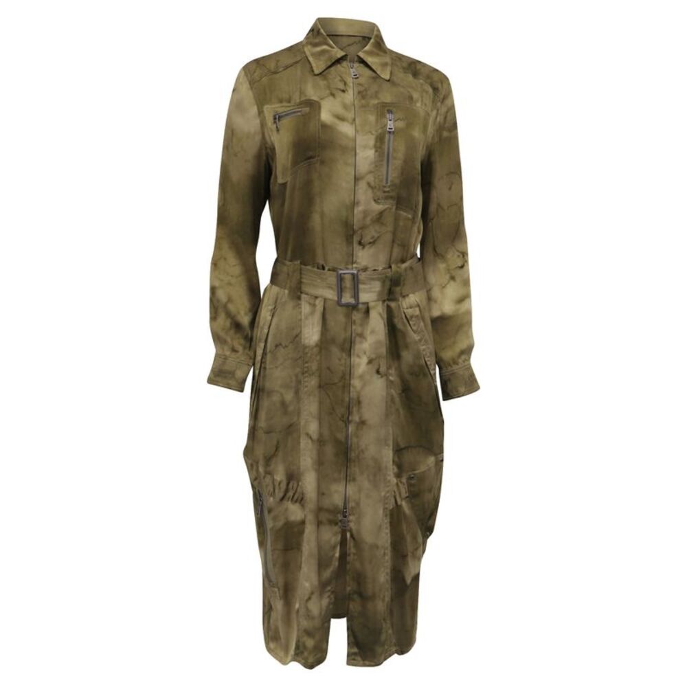 Ralph Lauren Purple Label Printed Shirt Dress with Belt in Green Silk